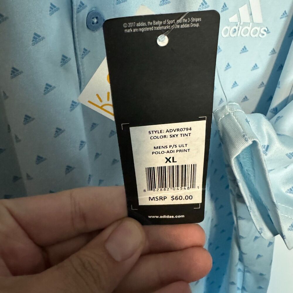 Adidas Polo Shirt Mens XL Blue Golf Performance Stretch All Over Print Logo NEW - Picture 4 of 10